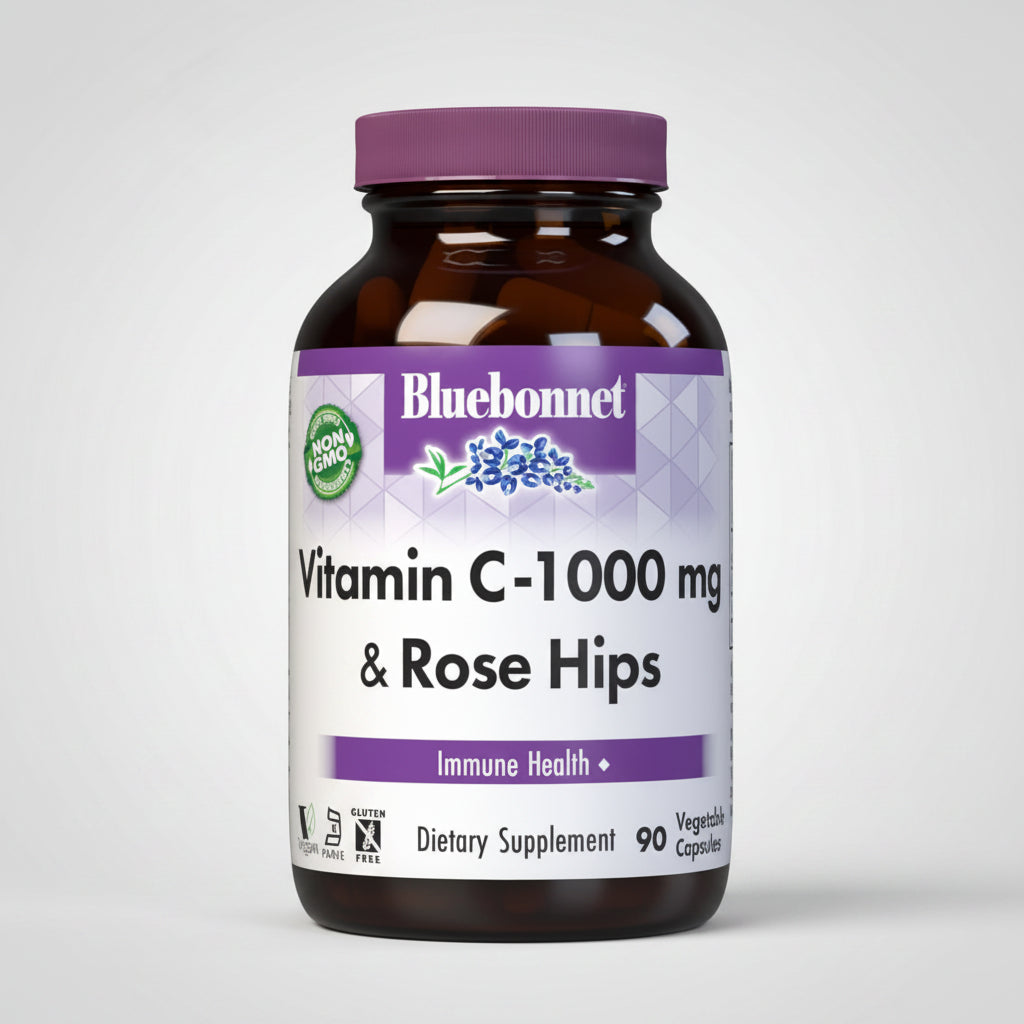 Bluebonnet Vitamin C-1000 mg & Rose Hips supplement bottle on a white background