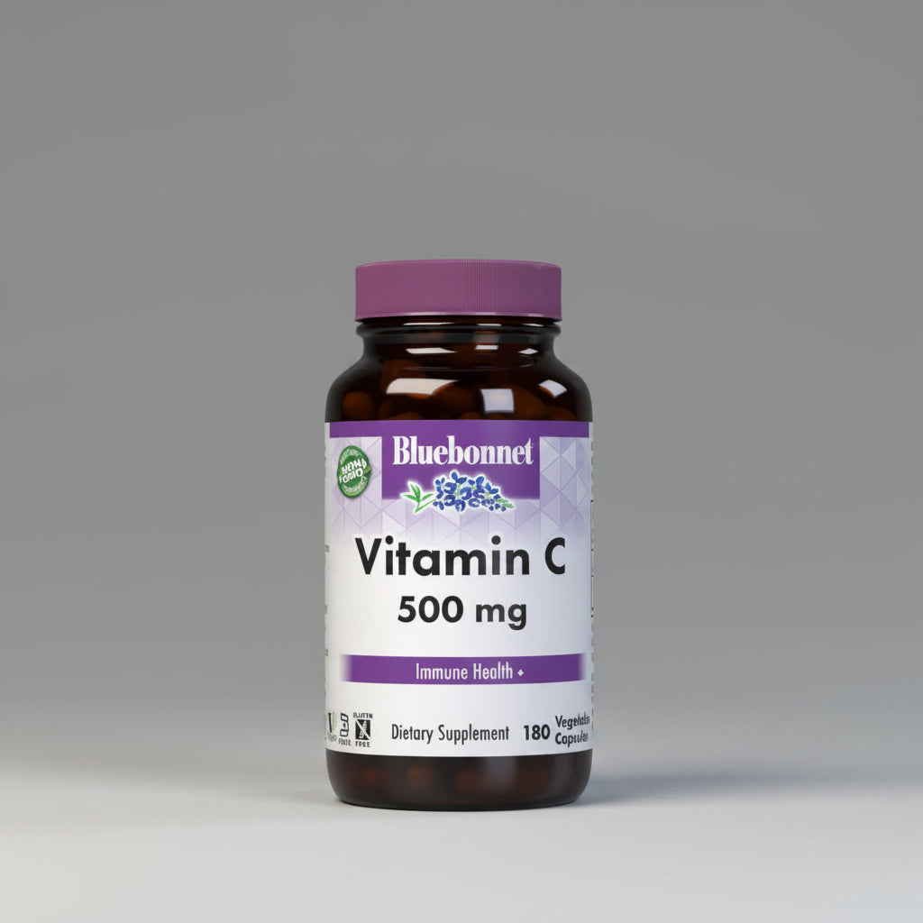 Bluebonnet Vitamin C 500 mg supplement bottle on a white background