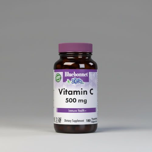 Bluebonnet Vitamin C 500 mg supplement bottle on a white background