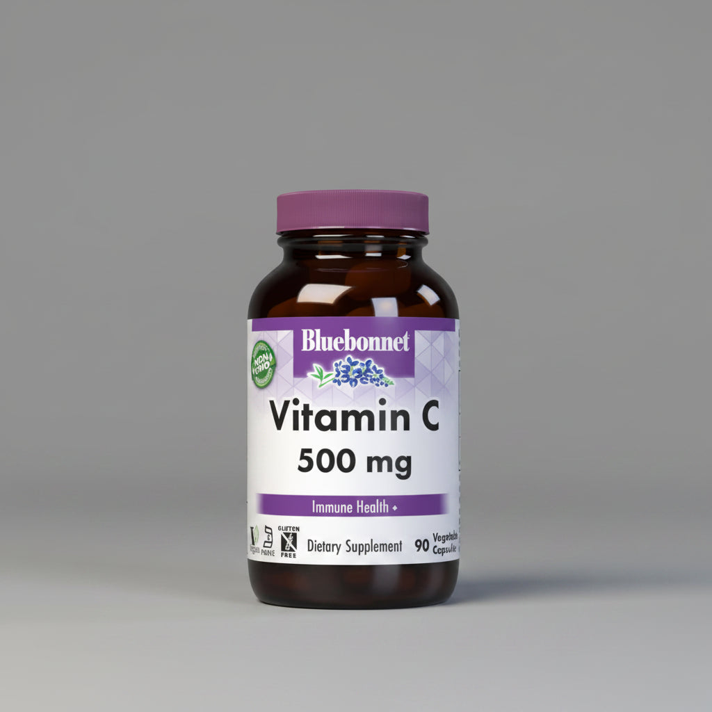 Bluebonnet Vitamin C 500 mg supplement bottle on a white background