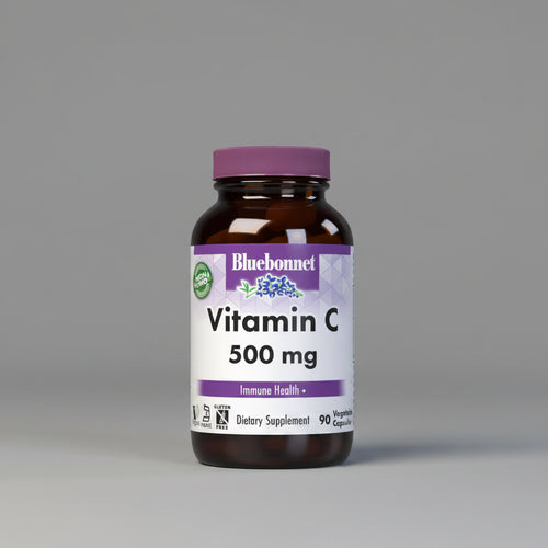 Bluebonnet Vitamin C 500 mg supplement bottle on a white background