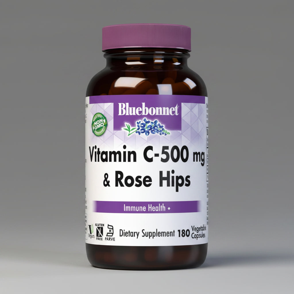 Vitamin C-500 mg & Rose Hips supplement bottle with purple cap on a white background