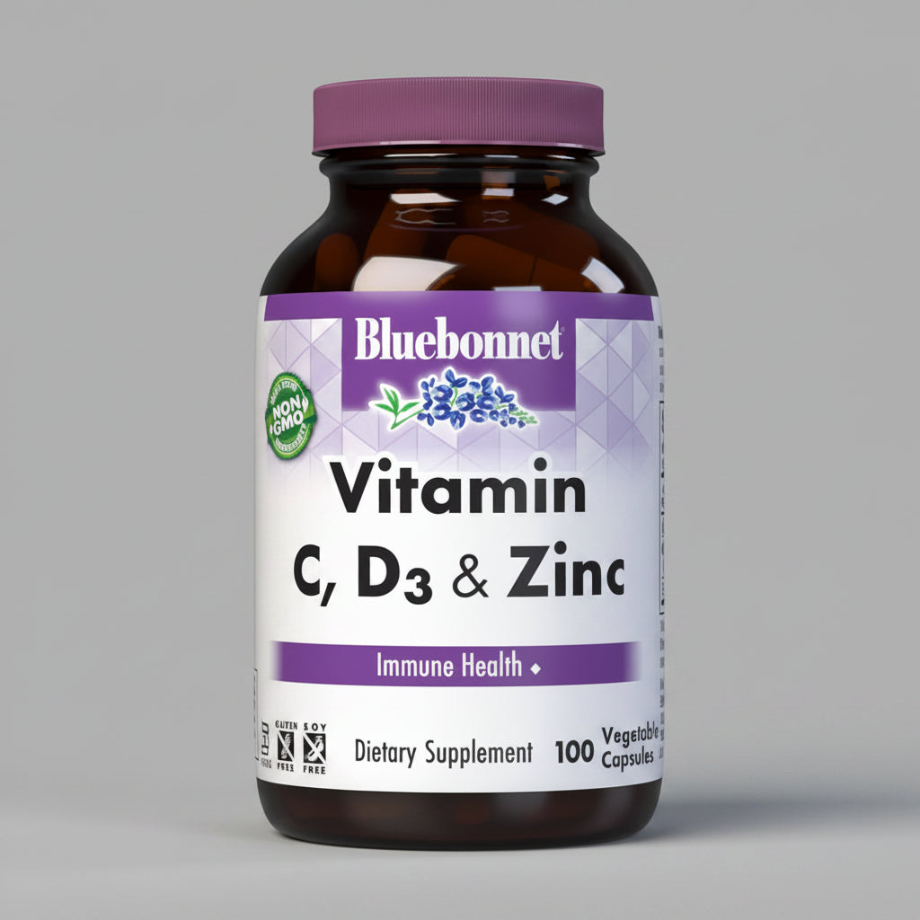 Bluebonnet Vitamin C, D3 & Zinc dietary supplement bottle on a white background