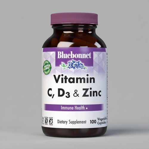 Bluebonnet Vitamin C, D3 & Zinc dietary supplement bottle on a white background