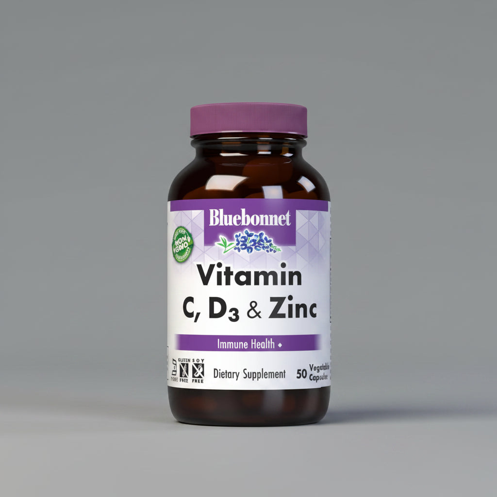 Bluebonnet Vitamin C, D3 & Zinc supplement bottle on a white background