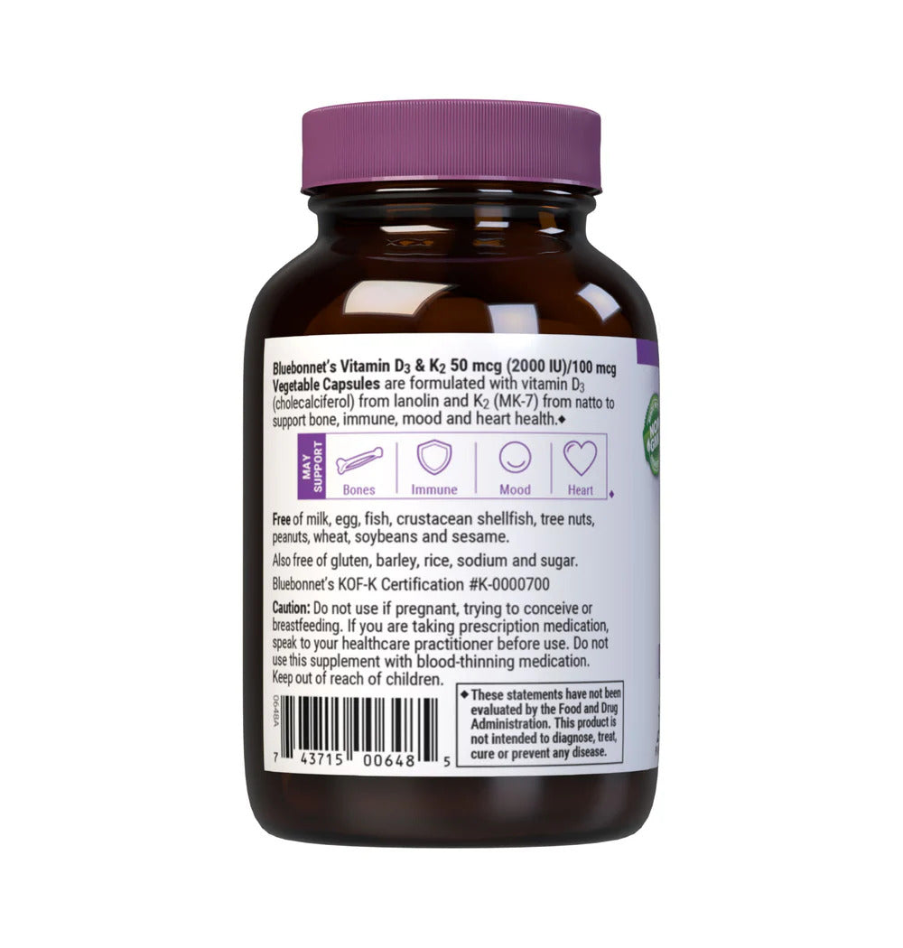 Vitamin supplement bottle with purple cap and label on a white background
