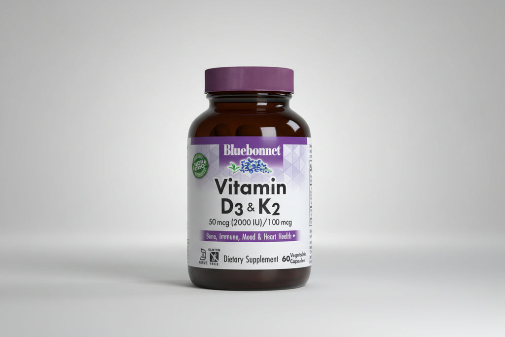 Bluebonnet Vitamin D3 & K2 supplement bottle on a white background