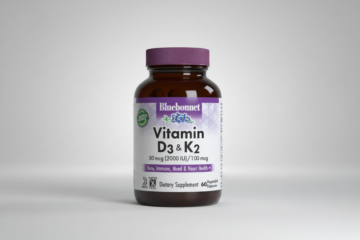 Bluebonnet Vitamin D3 & K2 supplement bottle on a white background