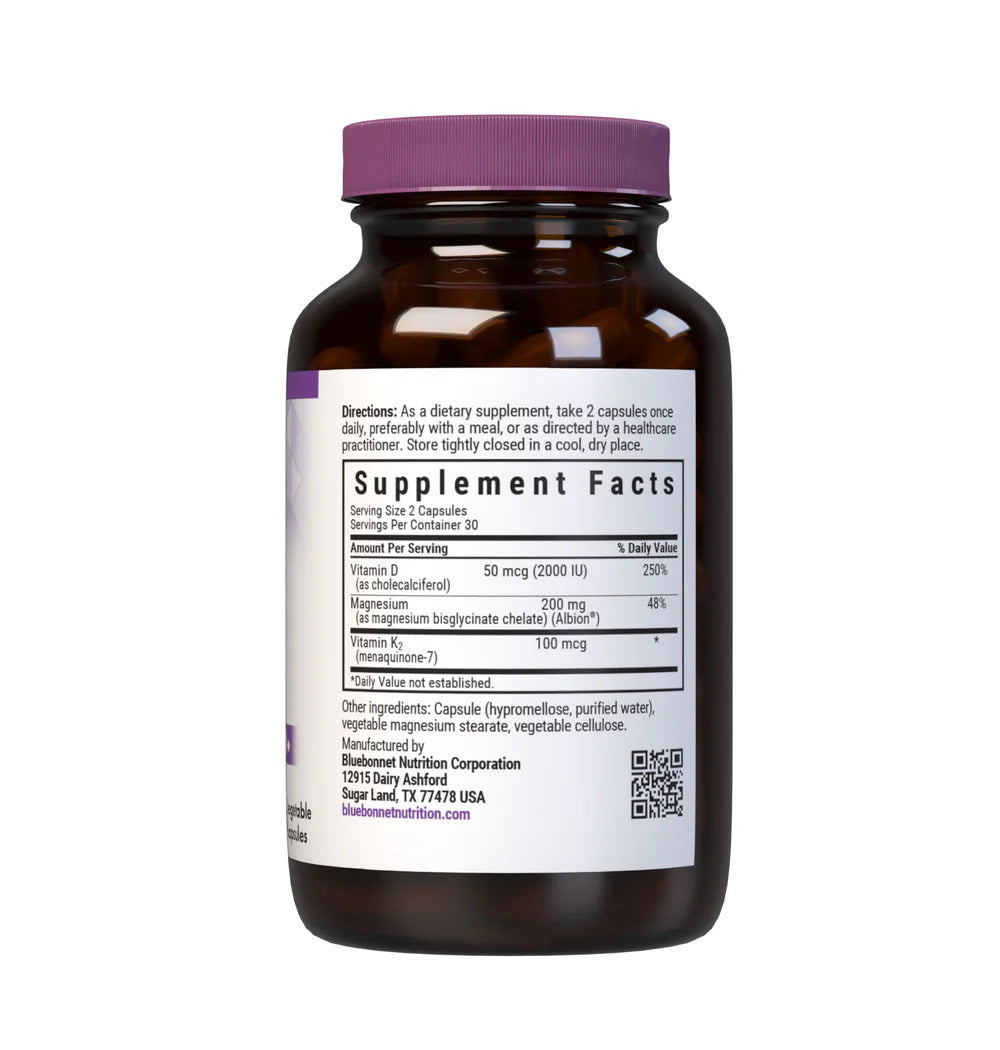 Supplement bottle with purple cap and label on a white background