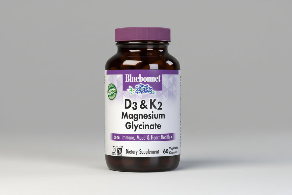 Bluebonnet D3 & K2 Magnesium Glycinate supplement bottle on a white background