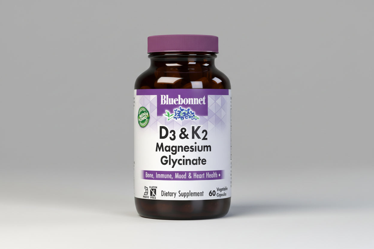 Bluebonnet D3 & K2 Magnesium Glycinate supplement bottle on a white background