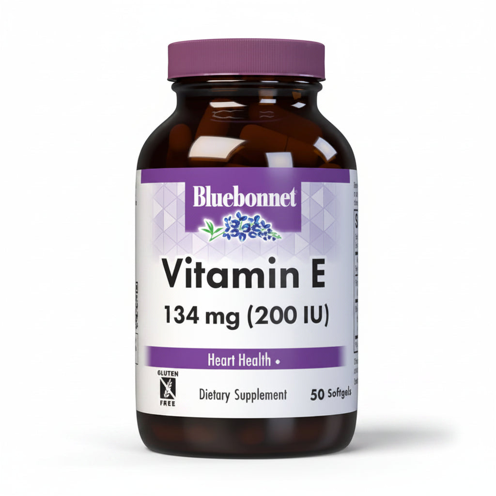 Bluebonnet Vitamin E supplement bottle on a white background