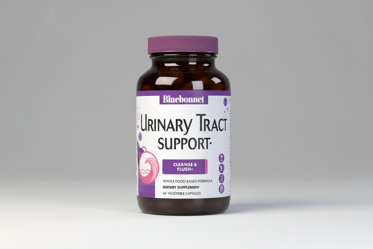 Supplement bottle labeled 'Urinary Tract Support' by Bluebonnet on a white background