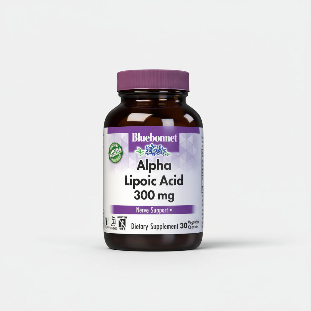 Bluebonnet Alpha Lipoic Acid supplement bottle on a white background