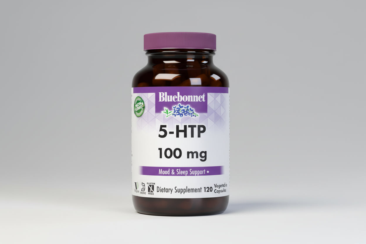 Bluebonnet 5-HTP 100 mg dietary supplement bottle on a white background