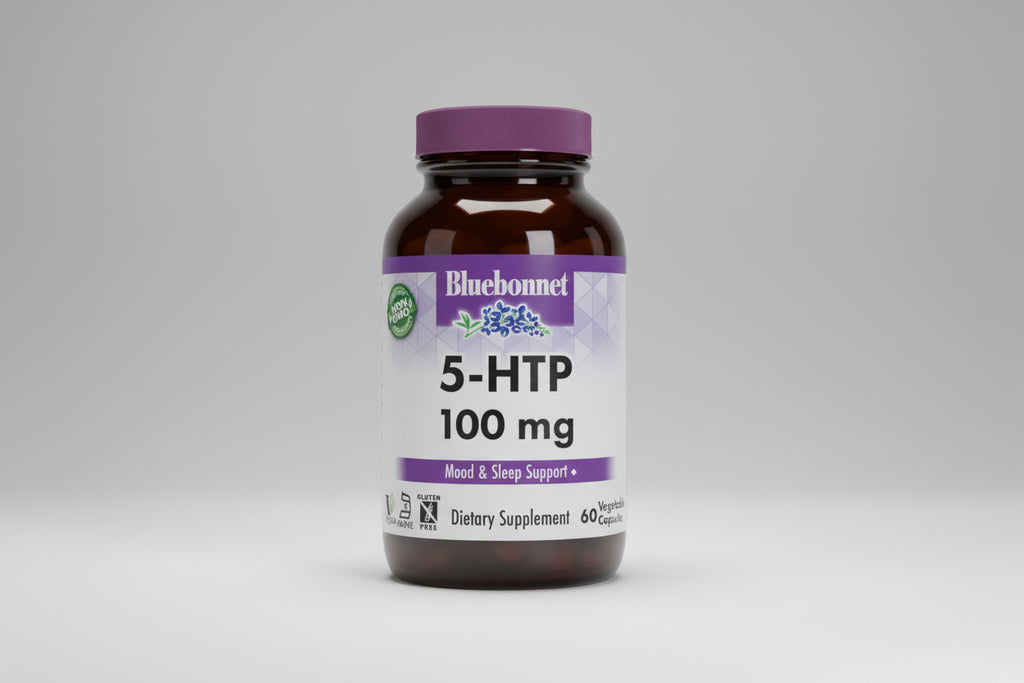 Bluebonnet 5-HTP 100 mg dietary supplement bottle on a white background