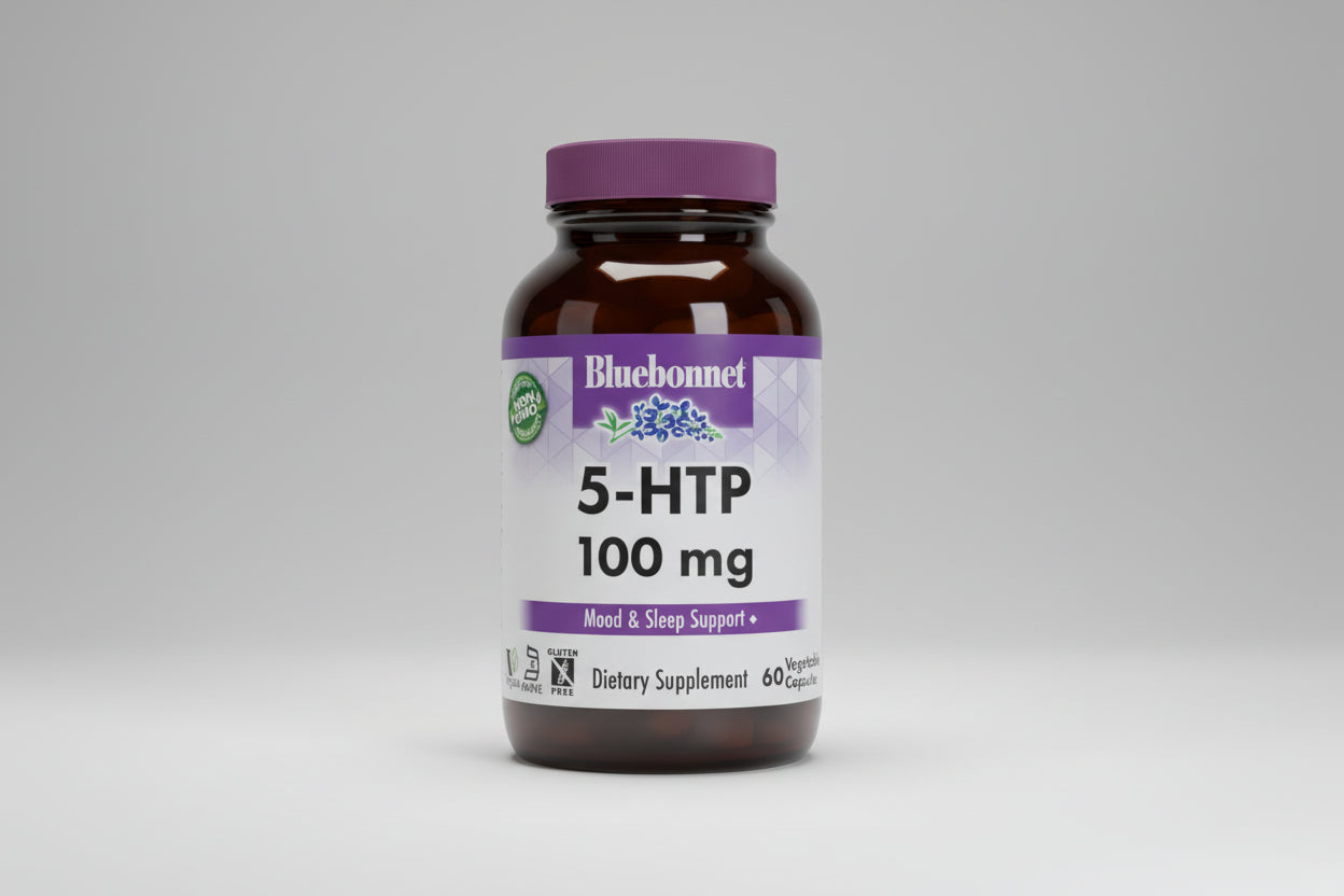 Bluebonnet 5-HTP 100 mg dietary supplement bottle on a white background