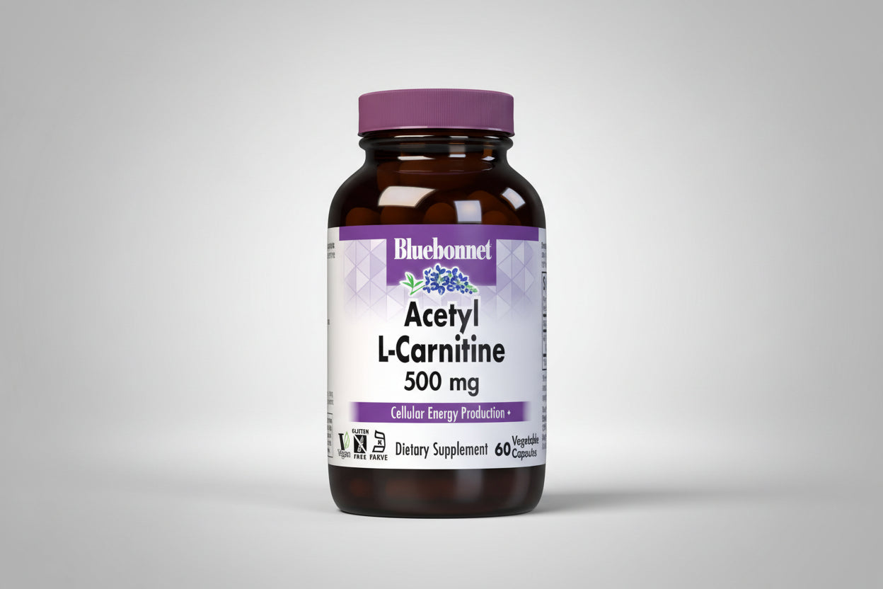 Bluebonnet Acetyl L-Carnitine supplement bottle on a white background