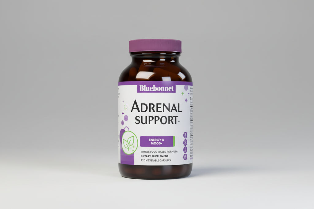 Supplement bottle labeled 'Adrenal Support' by Bluebonnet on a white background