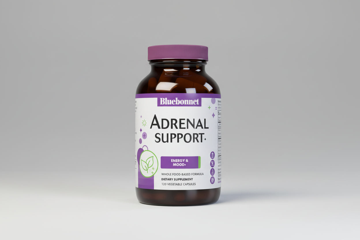 Supplement bottle labeled 'Adrenal Support' by Bluebonnet on a white background