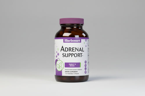 Supplement bottle labeled 'Adrenal Support' by Bluebonnet on a white background