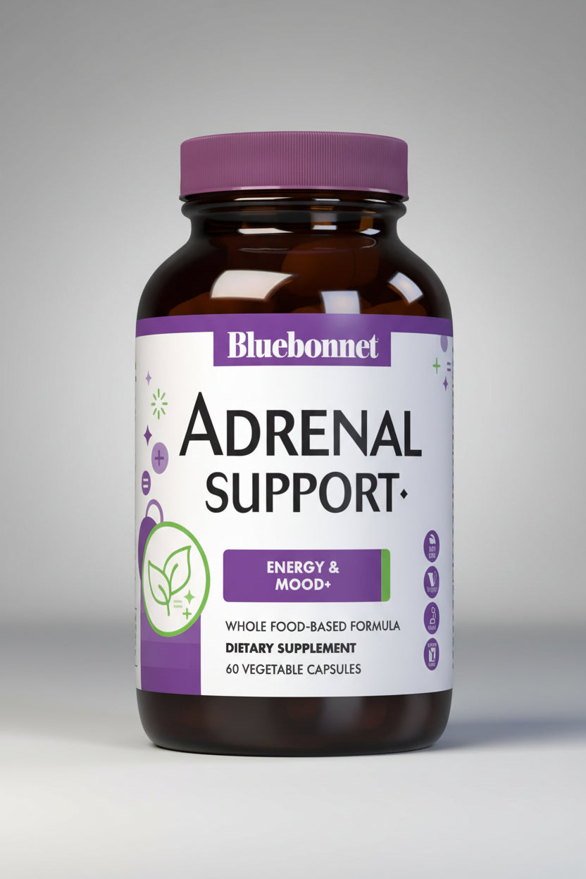 Supplement bottle labeled 'Adrenal Support' by Bluebonnet on a white background