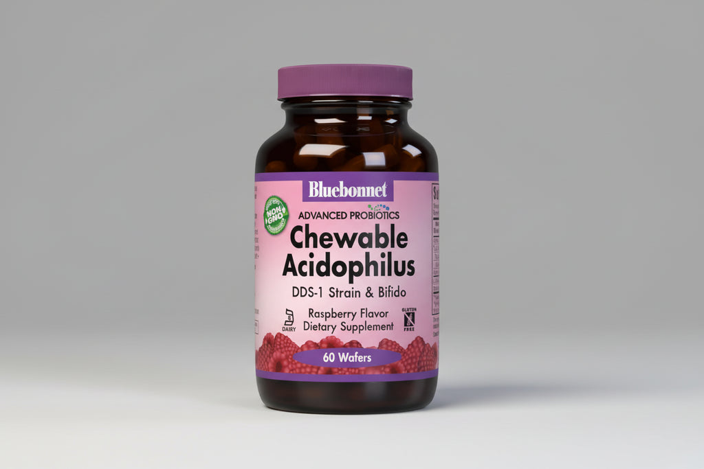 Bluebonnet Advanced Probiotics Chewable Acidophilus supplement bottle on a white background
