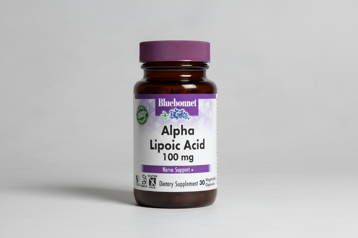 Bluebonnet Alpha Lipoic Acid supplement bottle on a white background