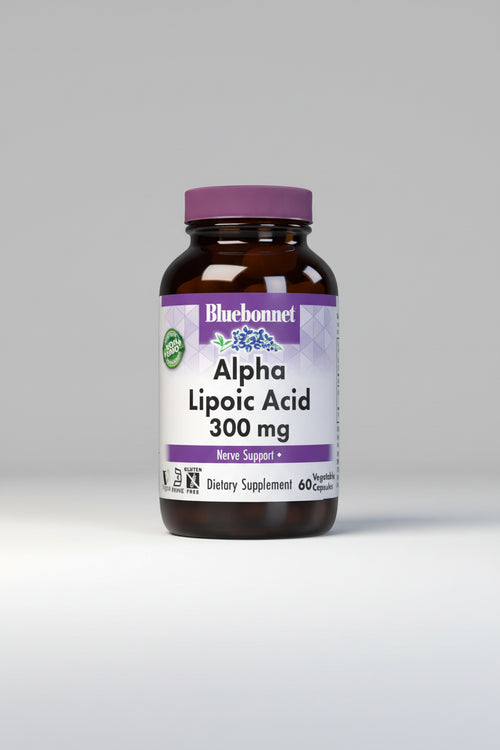 Bluebonnet Alpha Lipoic Acid 300 mg dietary supplement bottle on a white background