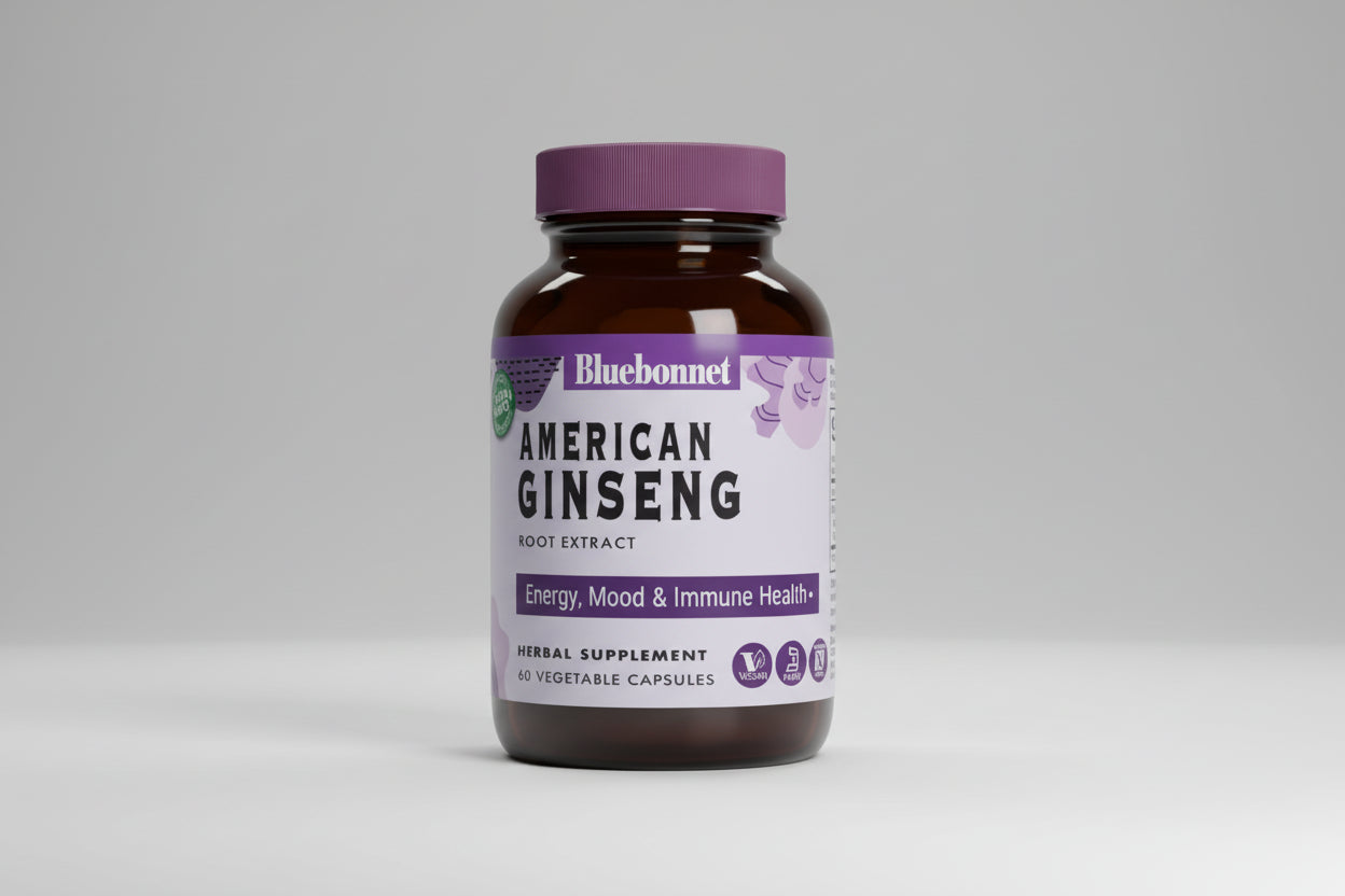 Bluebonnet American Ginseng supplement bottle on a white background
