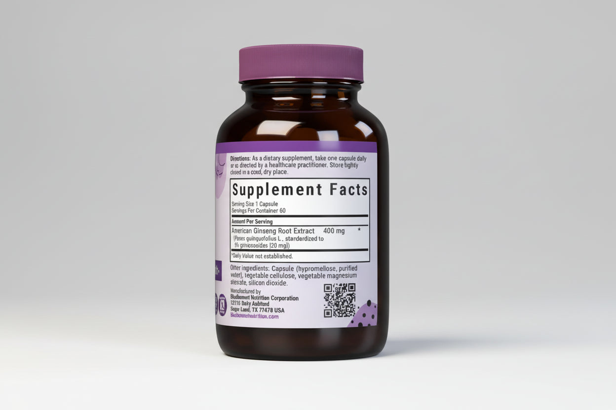 Vitamin supplement bottle with purple label on a white background