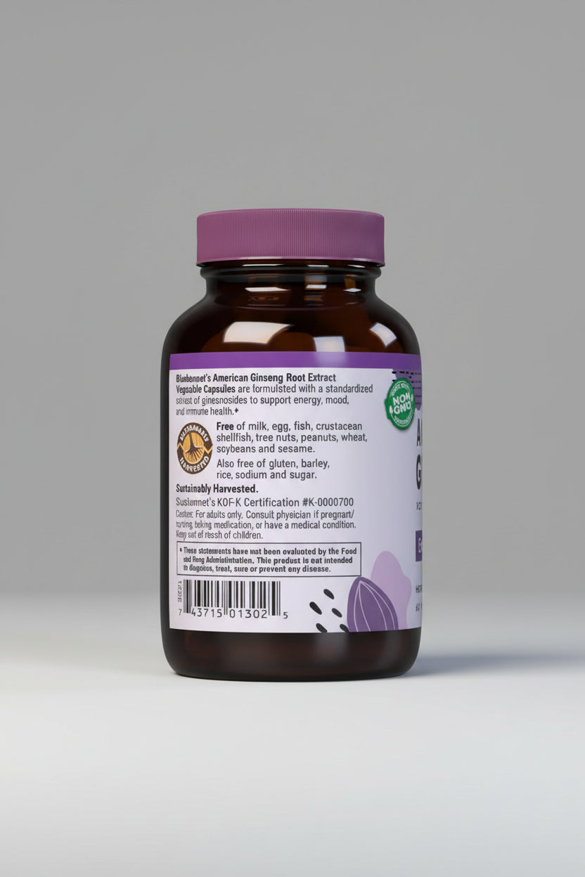Bottle of American Ginseng Root Extract with purple label on a white background