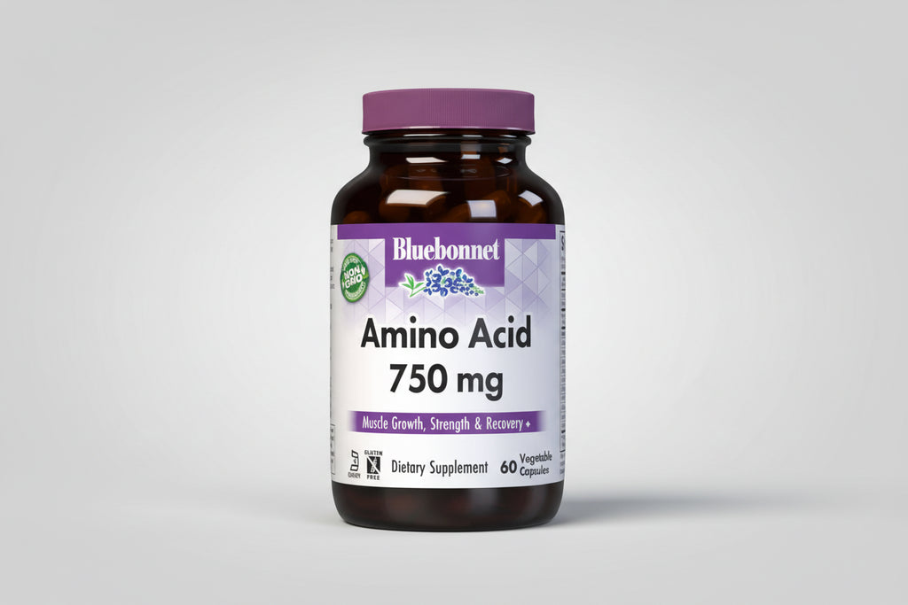 Bluebonnet Amino Acid 750 mg supplement bottle on a white background