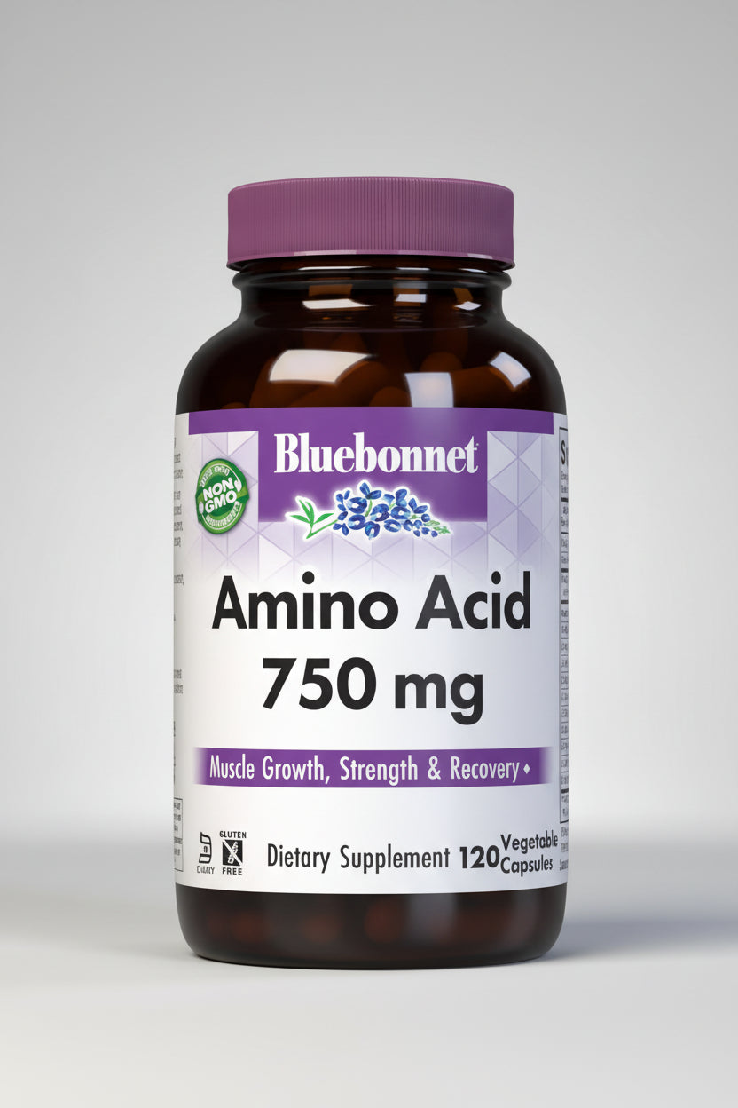 Bluebonnet Amino Acid 750 mg supplement bottle on a white background
