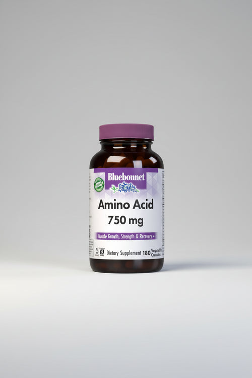 Bluebonnet Amino Acid 750 mg supplement bottle on a white background