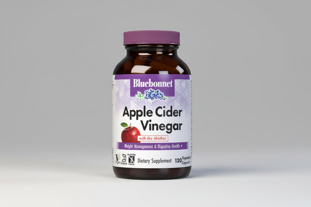 Bluebonnet Apple Cider Vinegar supplement bottle on a white background
