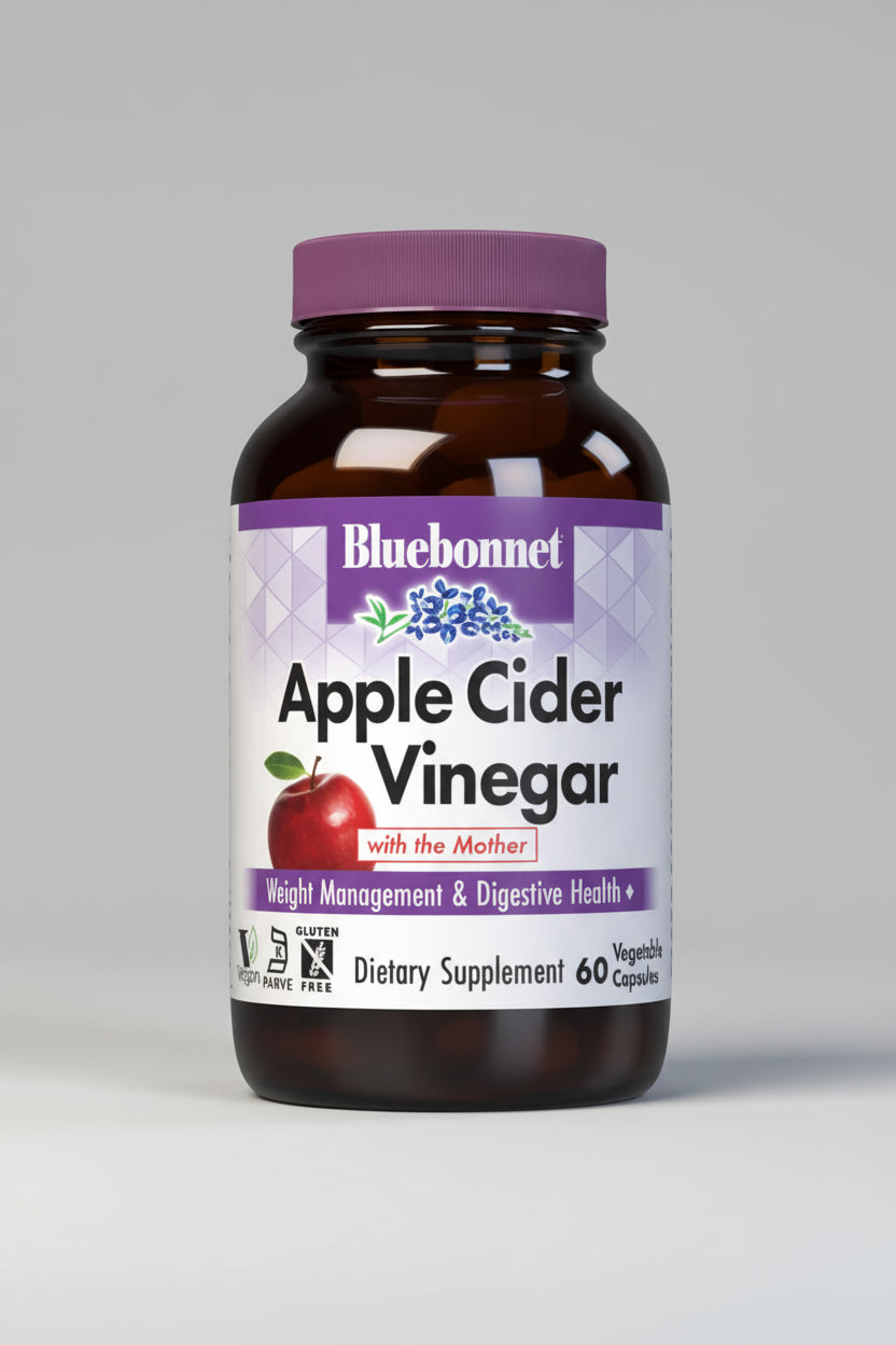 Bluebonnet Apple Cider Vinegar supplement bottle on a white background