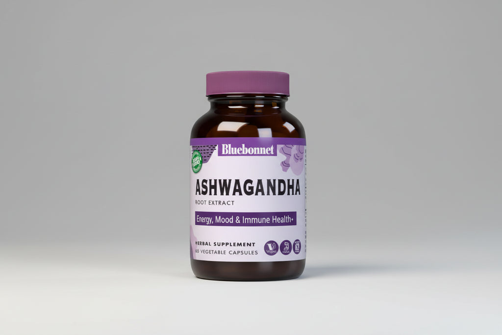 Bluebonnet Ashwagandha supplement bottle on a white background