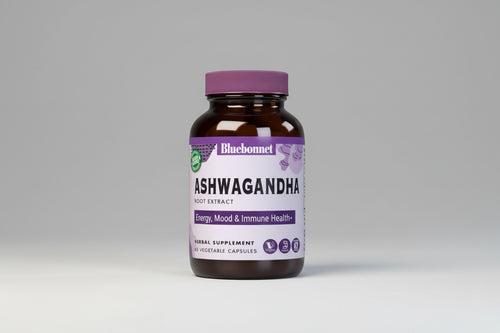 Bluebonnet Ashwagandha supplement bottle on a white background