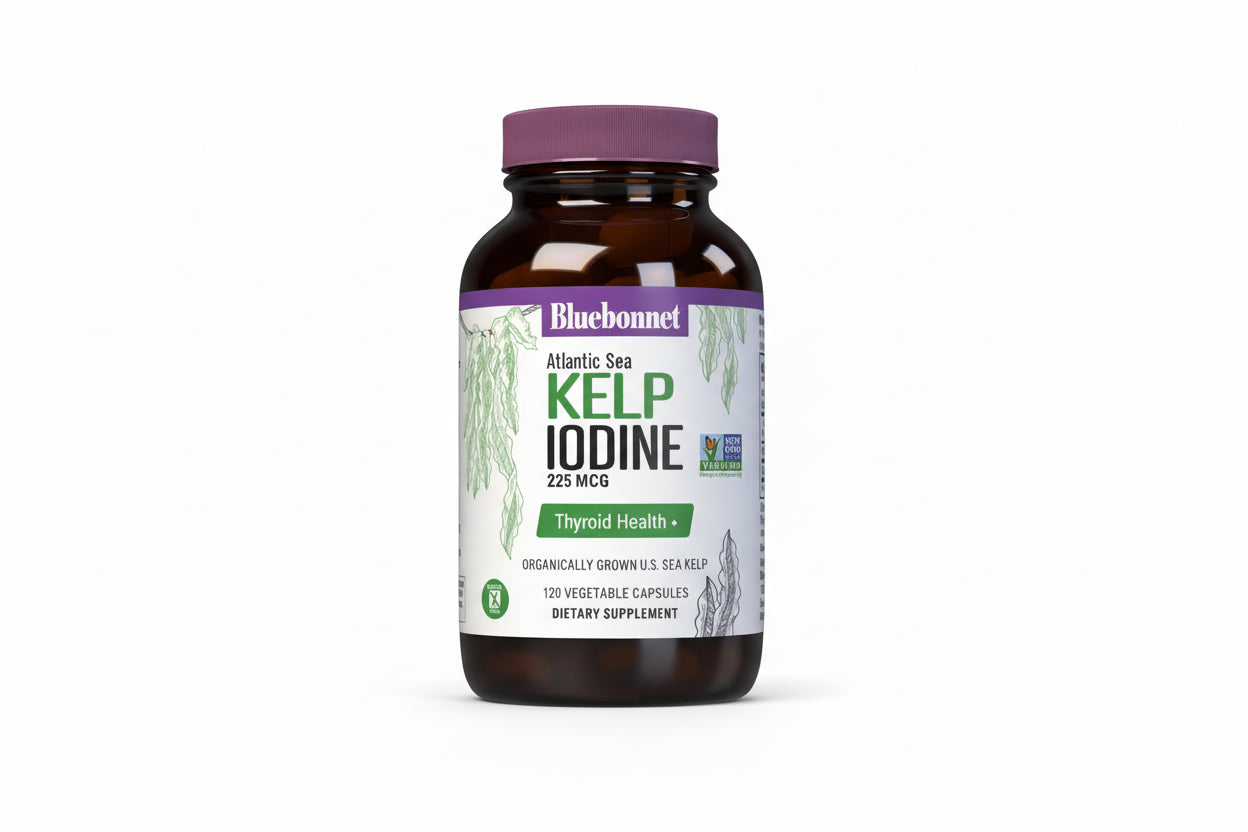Bluebonnet Atlantic Sea Kelp Iodine supplement bottle on a white background