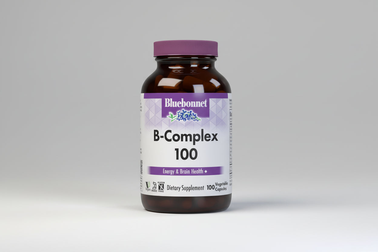 Bluebonnet B-Complex 100 dietary supplement bottle on a white background