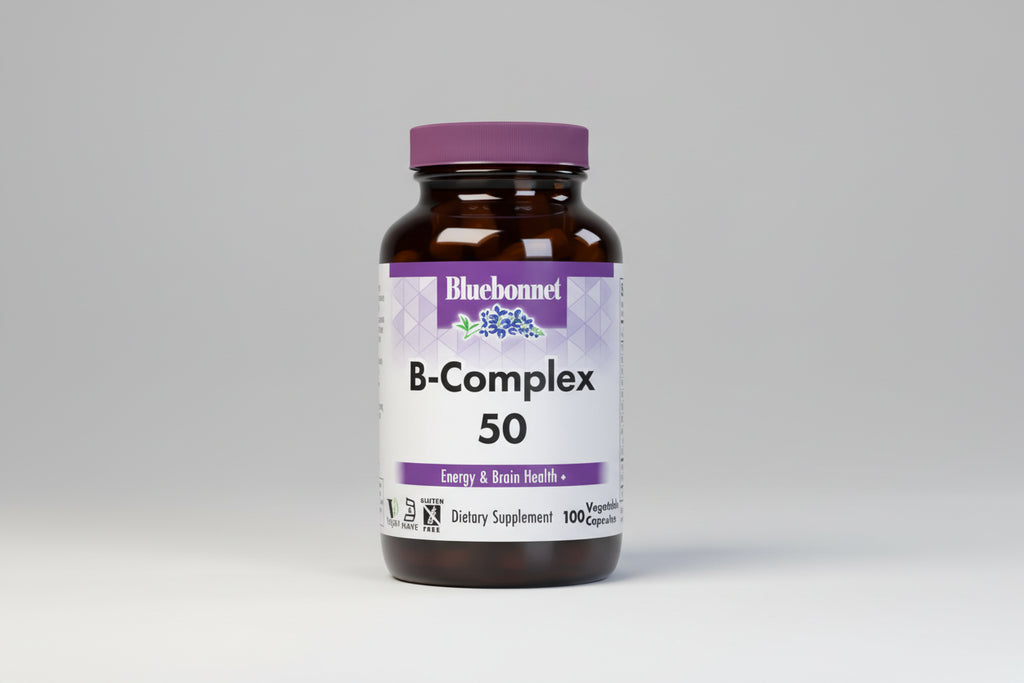 Bluebonnet B-Complex 50 supplement bottle on a white background