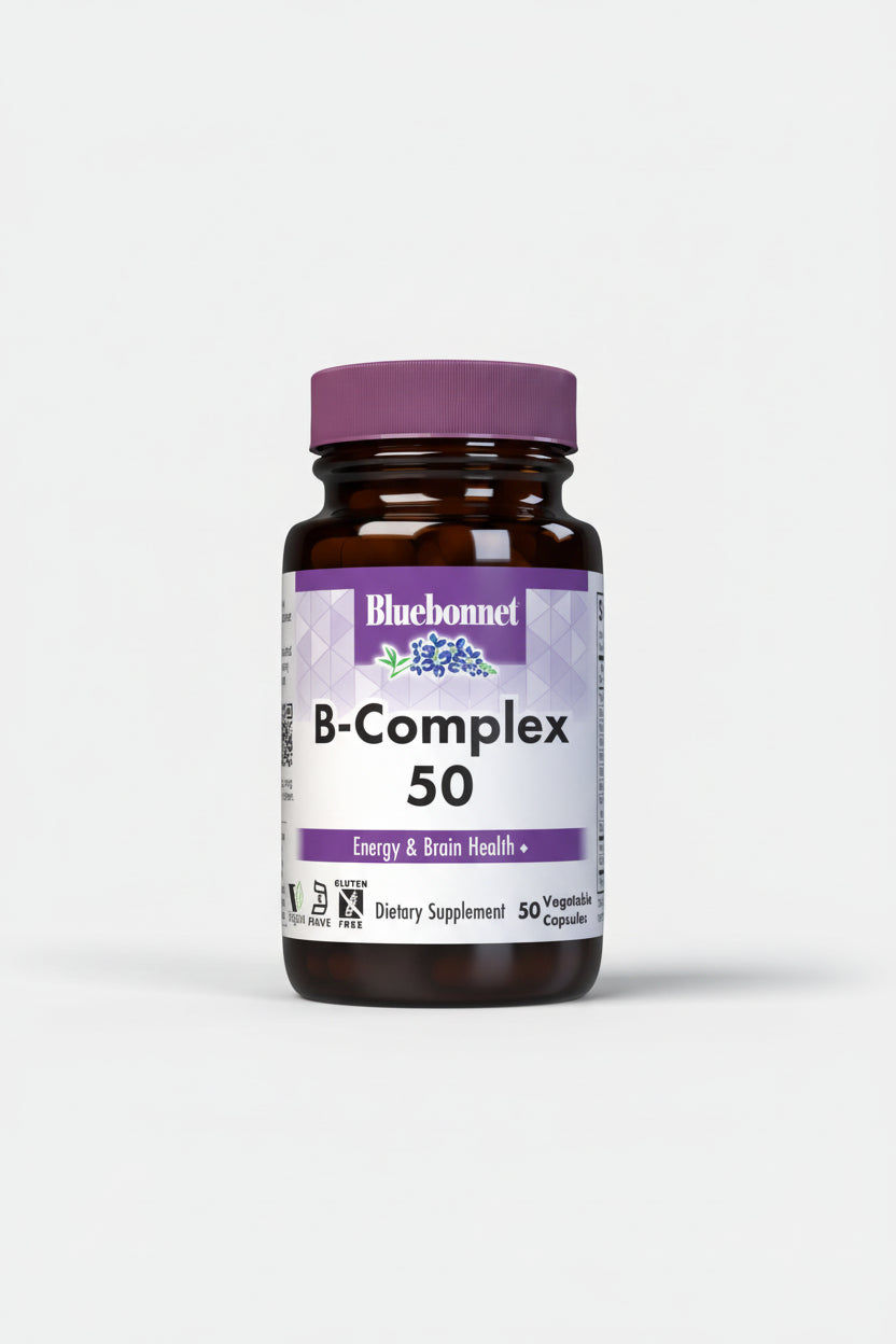 Bluebonnet B-Complex 50 supplement bottle on a white background