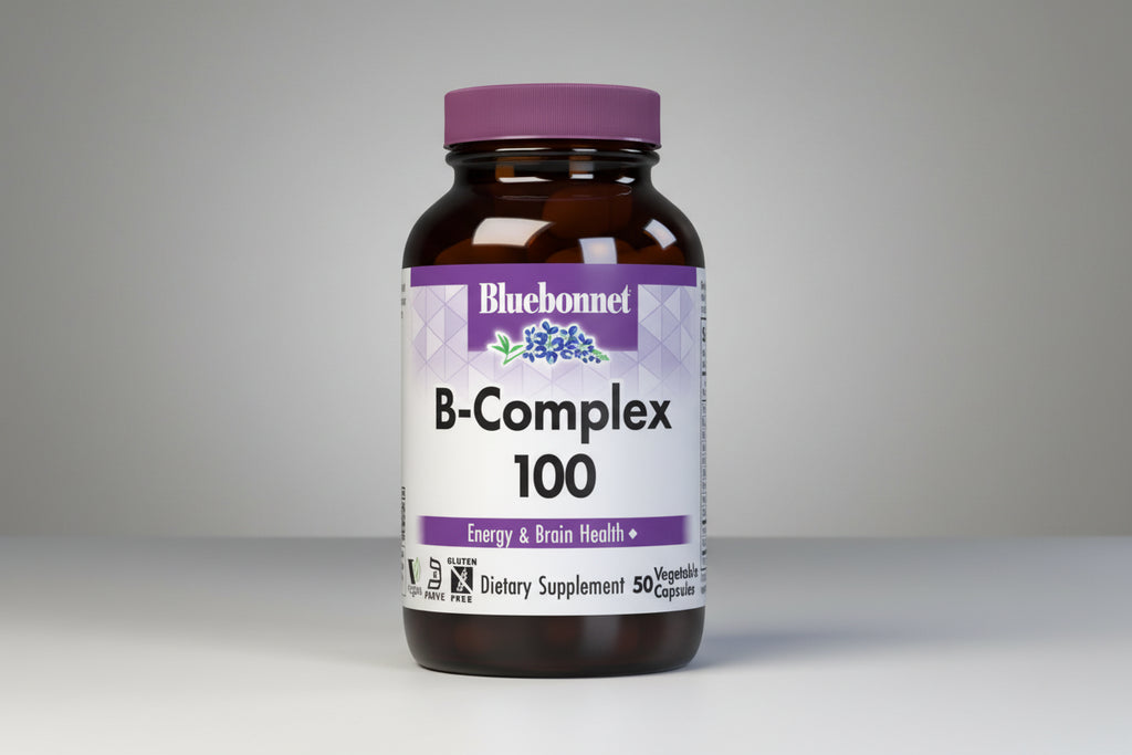 Bluebonnet B-Complex 100 dietary supplement bottle on a white background