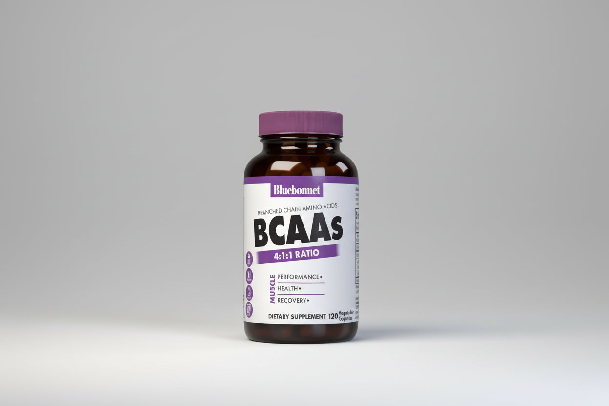 Bluebonnet BCAAs dietary supplement bottle with purple cap on a white background