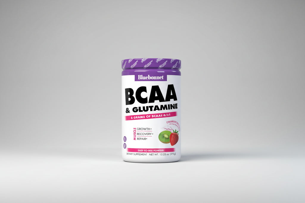 Bluebonnet BCAA & Glutamine supplement powder container on a white background