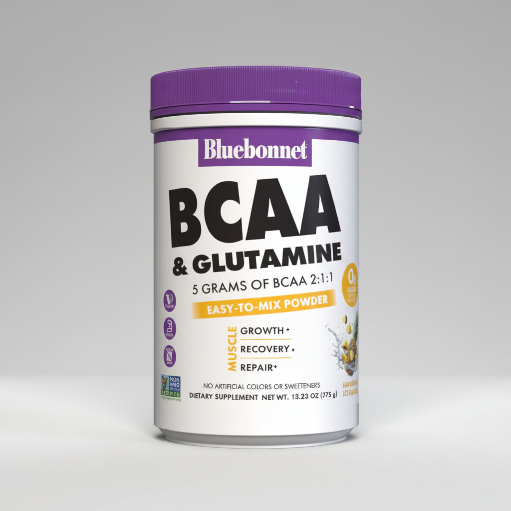 Bluebonnet BCAA & Glutamine powder container on a white background