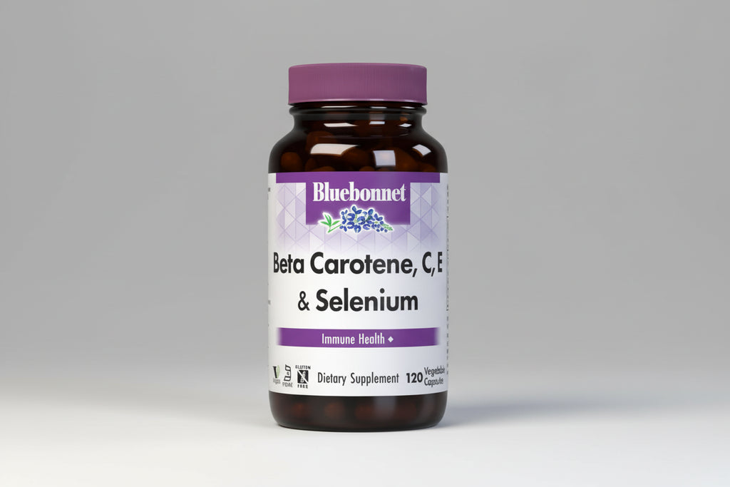 Bluebonnet Beta Carotene, C, E & Selenium supplement bottle on a white background