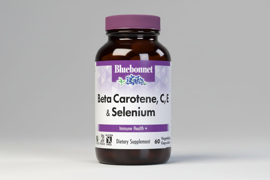Bluebonnet Beta Carotene, C, E & Selenium dietary supplement bottle on a white background