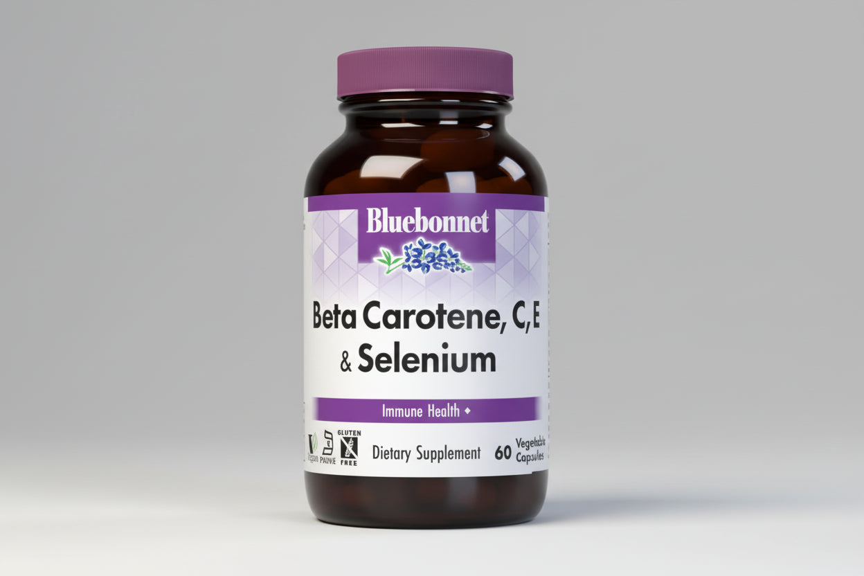 Bluebonnet Beta Carotene, C, E & Selenium dietary supplement bottle on a white background